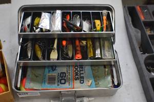 Fishing lures, bobbers, tackle box