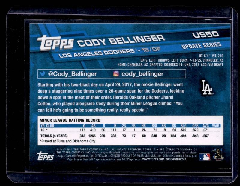 lot 154 image: 2017 Topps Update Cody Bellinger Rookie Card #US50