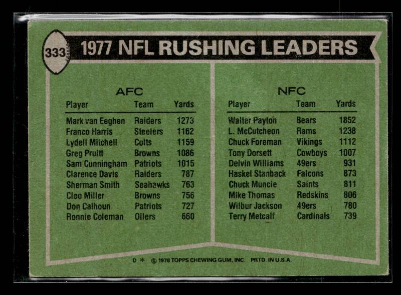 lot 57 image: 1978 Topps Rushing Leaders Walter Payton #333