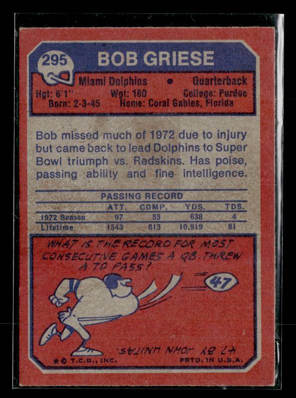 lot 61 image: 1973 Topps Bob Griese #295