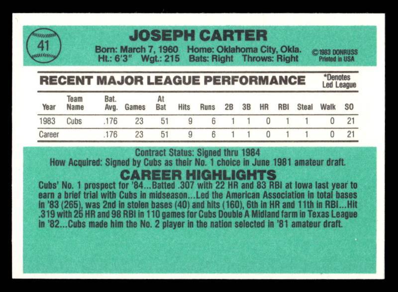 lot 64 image: 1984 Donruss Joe Carter Rookie Card #41