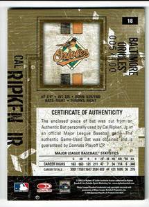 lot 15 image: 2004 Donruss Leather & Lumber Game Used Bat Card Cal Ripken Jr. #18 Serial #5100