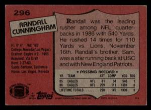 lot 109 image: 1987 Topps Randall Cunningham Rookie Card #296