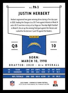 lot 105 image: 2020 Chronicles Justin Herbert Rookie Card #3