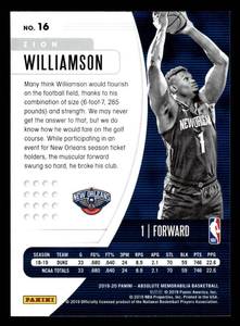 lot 101 image: 2019 Absolute Zion Williamson Rookie Card #16