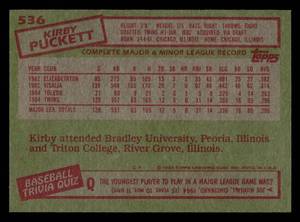 lot 76 image: 1985 Topps Kirby Puckett Rookie Card #536