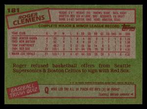 lot 65 image: 1985 Topps Roger Clemens Rookie Card #181