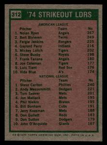 lot 168 image: 1975 Topps Strikeout Leaders Nolan Ryan and Steve Carlton #312