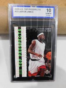 lot 271 image: ISA 10 Gem Mint 2003 U.D. Top Prospects Lebron James Rookie Card #55