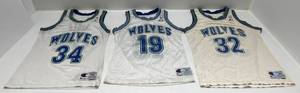 lot 51 image: Vintage Wolves NBA Champion Brand Jerseys 1 34 Rider Size 36, 1 19 Campbell Size 36, 1 32 Laettner Size 40