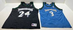 lot 52 image: Vintage Timberwolves NBA Champion Brand Jerseys 1 24 Gugliotto Size 48, 1 3 Marbury Size  (Worn Out Print)