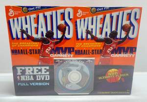 lot 74 image: 2003 KEVIN GARNETT Wheaties Cereal Boxes & NBA DVD (WCereal) MINT (NIB)