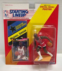 lot 107 image: Starting Lineup 1992 MICHAEL JORDAN Figure New Sealed W Trading Card & Poster