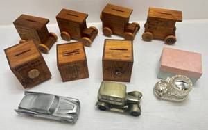 lot 158 image: Large Group Of Misc. Banks Including Wood Banks, Metal Car Banks & More