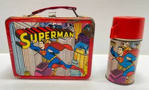 lot 196 image: 1967 (Superman) Metal Lunch Box With Thermos (See Photos For Condition)