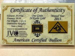 .999 24kt 1 Grain Gold Bar