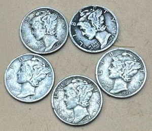 Lot of 5 Mercury Dimes
