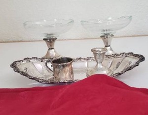 lot 4 image: Vintage Home DeCor Silver Pedestal Glass Candy Nut Serving Platter Tray Dish, Sterling() Silver TrayCupCandle Holder Etc.