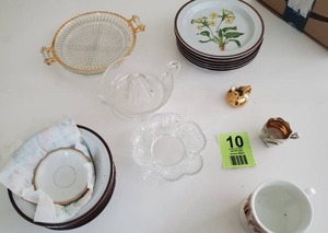 lot 10 image: Collectible Vintage Antique Porcelain Glassware Gold Present Footed Cup Mug Germany c1910, Serving Platter, Juicer, Candy Dish...