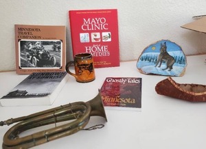 lot 11 image: Antique Vintage Collectible WWII Imperial Japanese Military Brass Style Bugle, Ridgeways Scene from Coaching Days & Coaching Ways Cup Mug Macmillan, Canoe Wolf DeCor, Minnesota Books Etc...