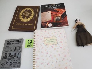 lot 13 image: Antique Porcelain Miniature China Doll, Four Household Books Etc.