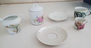 lot 16 image: Antique Vintage Collectible Porcelain China Cup Saucer Papa Covered Hand Painted Jam Mustard Jar Etc....