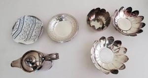 lot 19 image: Antique Vintage Collectible Silver Serving Pitcher, Platter, Fluted Petal Lotus Bowl Dishes Etc.