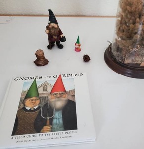 lot 22 image: Vintage Collectibles Sweet Gum BallPod (Witches Burrs), Late Victorian Bird, Dried Flower Still-Life Under Glass Dome, Gnome Book Etc.