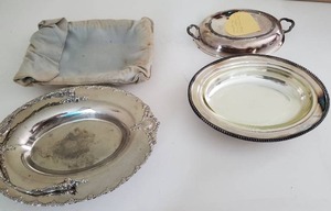 lot 24 image: Vintage Collectible Silver Plate Vegetable Serving PlatterDish WGlass Insert, Silver Basket Handled Platter Etc.