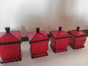 lot 92 image: Ginnys Four Piece Red Ceramic Canister Set W Lids With Black Trim Made In China