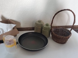 lot 95 image: Frying Pan- Basket-East Bay Import Co. Small Olive Green Canisters With Covers