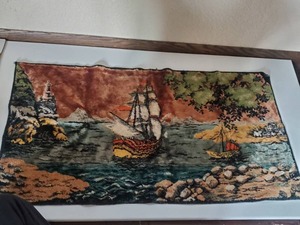 lot 96 image: Vintage  Wall Art Tapestry Velvet Rug Runner Ships at Sea