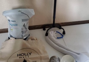 lot 97 image: Four-Pronged Walking Cane-Vitera Full Face Mask-Holly Ball Bag Etc.