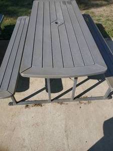 lot 134 image: Outdoor Furniture Patio Camping Picnic Table Cosco() 6 ft. Flat Folding Blow Mold Table with Benches, Taupe Wood Grain with Metal Frame