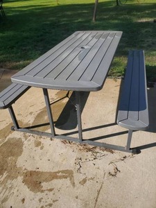 lot 135 image: Outdoor Furniture Patio Camping Picnic Table Cosco() 6 ft. Flat Folding Blow Mold Table with Benches, Taupe Wood Grain with Metal Frame