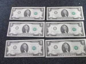 6 Uncirculated Sequential $2 Bills...