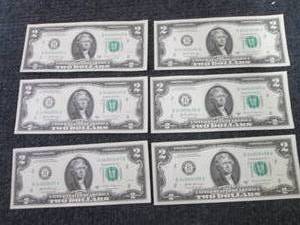 6 Uncirculated Sequential $2 Bills...