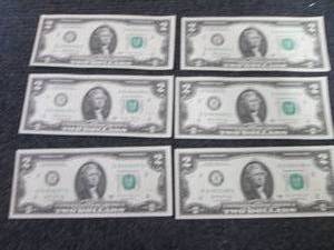 6 Uncirculated Sequential $2 Bills...