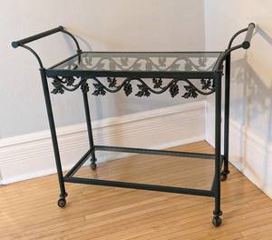 Dark Green Glass Topped Rolling Bar Cart