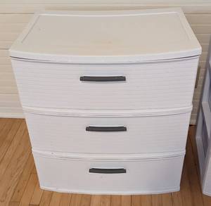 Two Plastic Storage Containers and Elfa Rolling Storage Cart