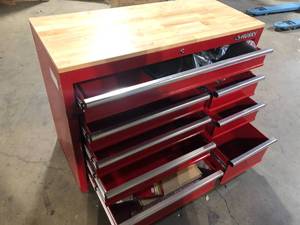 Husky 42 in. W x 18.1 in. D 8-Drawer Red Mobile Workbench Cabinet with Solid Wood Top Customer Returns See Pictures