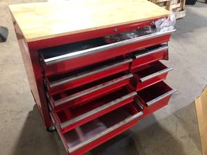 Husky 42 in. W x 18.1 in. D 8-Drawer Red Mobile Workbench Cabinet with Solid Wood Top Customer Returns See Pictures