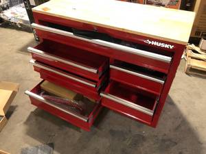 Husky 42 in. W x 18.1 in. D 8-Drawer Red Mobile Workbench Cabinet with Solid Wood Top  Customer Returns See Pictures