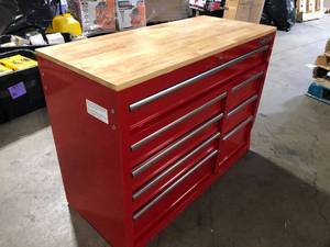 Husky 42 in. W x 18.1 in. D 8-Drawer Red Mobile Workbench Cabinet with Solid Wood Top No Keys damaged  Customer Returns See Pictures