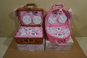 2 Porcelain Tea Sets in Picnic Basket -Pony and Unicorn