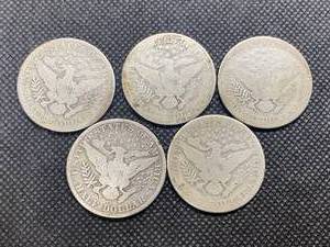 Five All Different Dates and Mint Mark Silver Barber Half Dollars  1906-S, 1908-O, 1909-S, 1912-D, and 1915-D