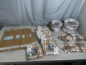 Large Assortment of Thanksgiving Themed Paper Plates, table cloths, and Napkins