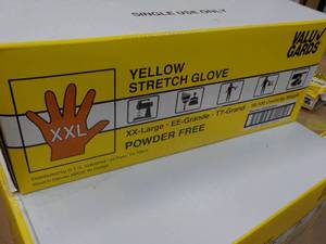 lot 26 image: 1000 Valu Gloves Yellow Stretch Gloves size Xxlarge powder free