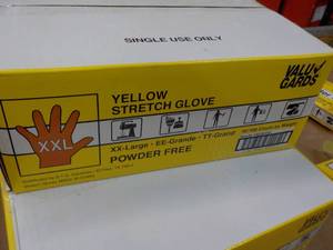 lot 29 image: 1000 Valu Gloves Yellow Stretch Gloves size Xxlarge powder free