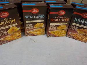 lot 98 image: 8 Boxes Betty Crocker Potatoes Meals - 2 each Julienne, Cheesy Scalloped, Scalloped, and Au Gratin best date 07262023